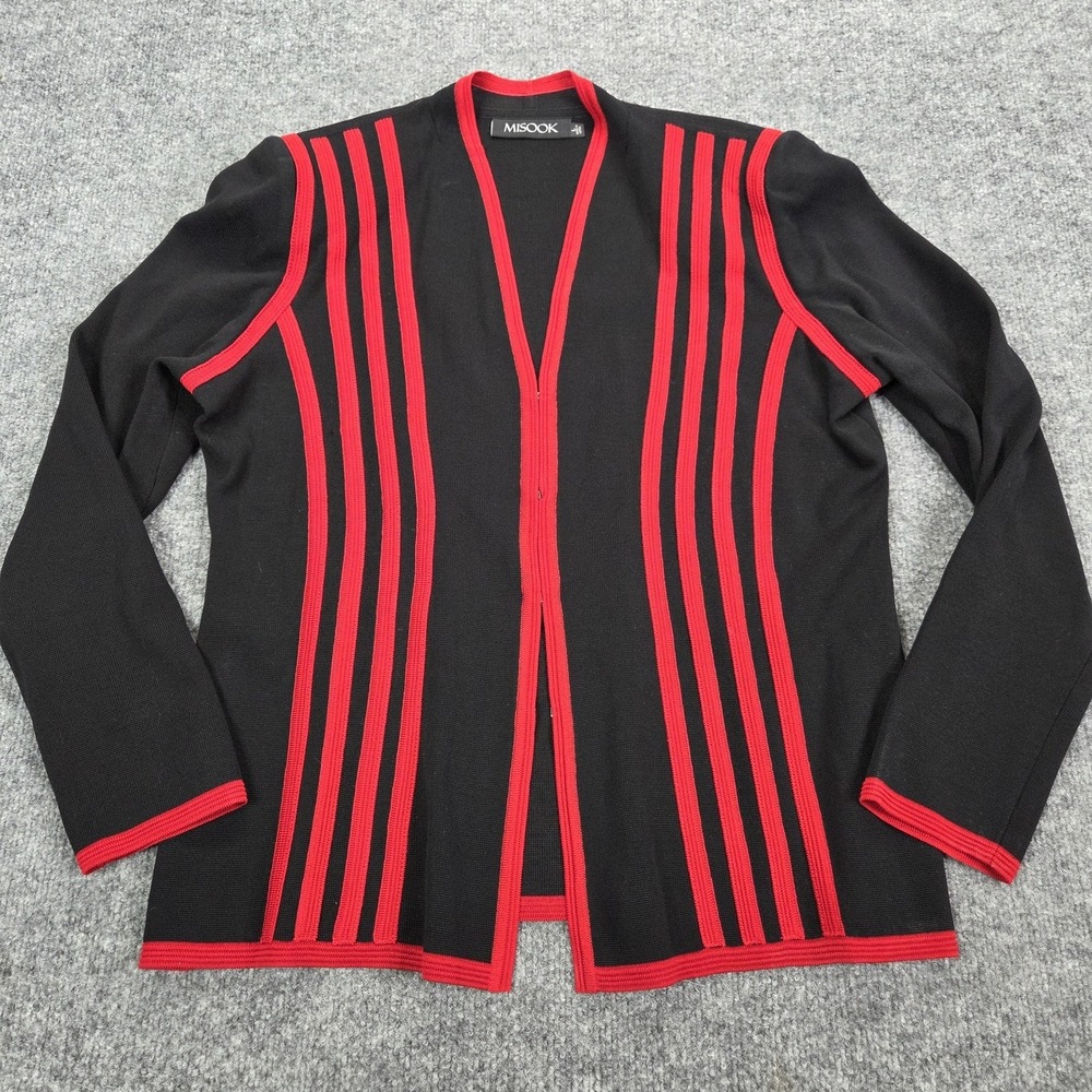 Misook Sweater Cardigan Womens Large Black Red Stripe Open Front Knit Career